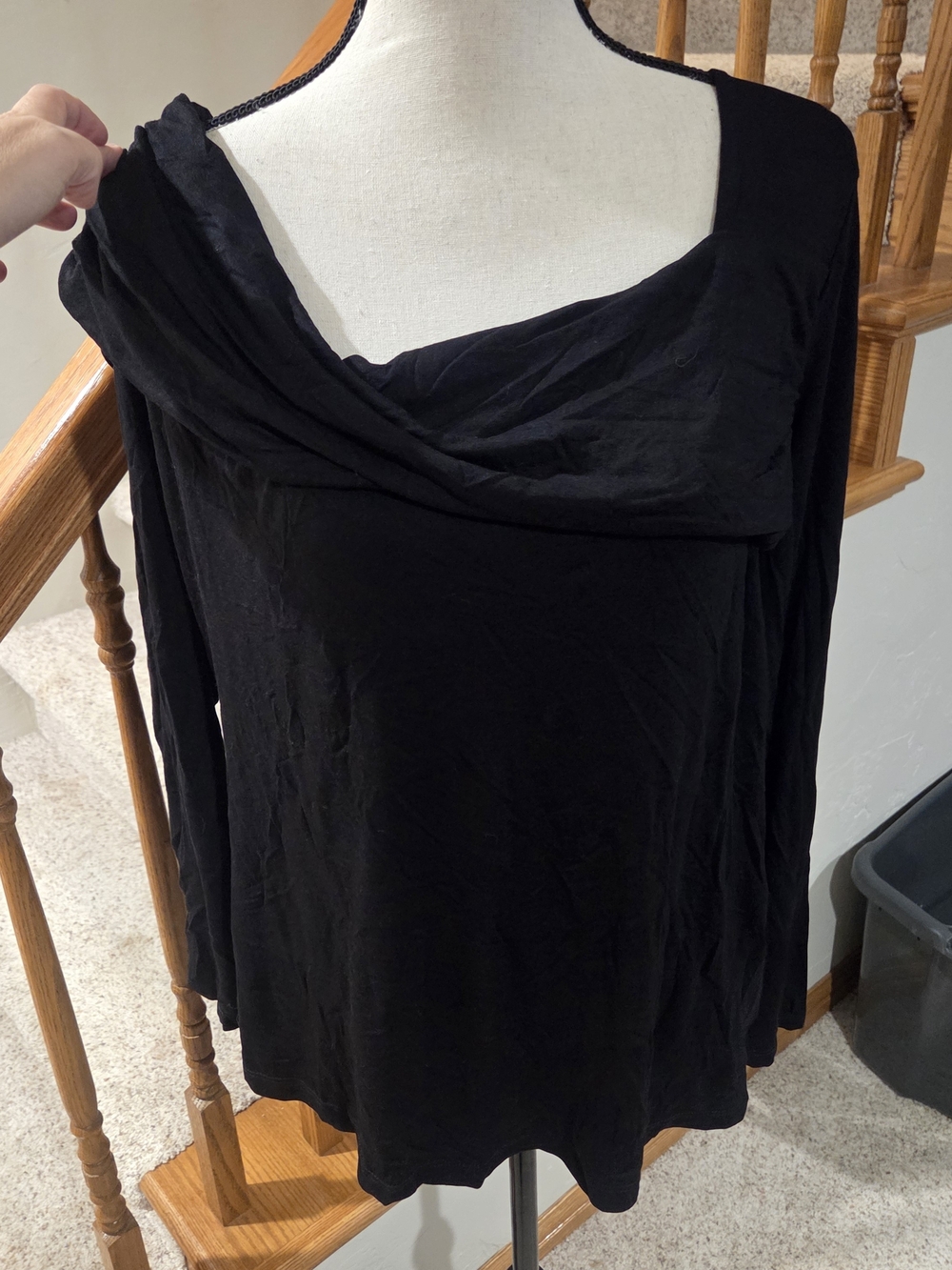 white birch Black Long-Sleeve Draped Neck Top